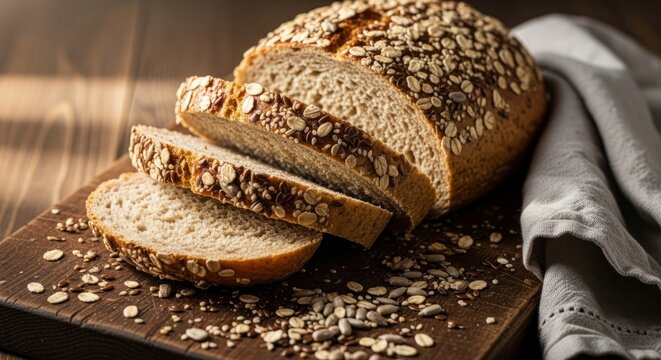 Multigrain bread loaf sliced on wooden board with oat topping for breakfast or baking concept - Powered by Adobe