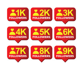 Obraz premium Set of red social media follower count badges from 1k to 9k