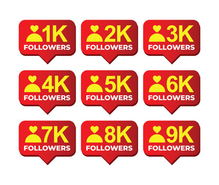 Set of red social media follower count badges from 1k to 9k