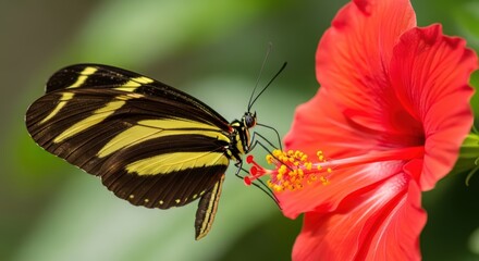 Obraz premium Zebra longwing butterfly feeding on vibrant red hibiscus bloom in lush greenery