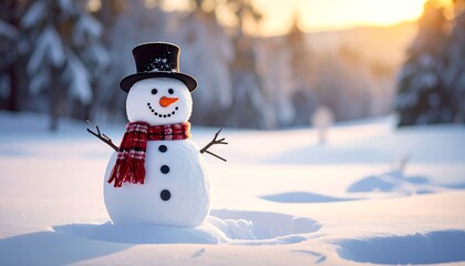 Obraz premium Adorable snowman in a snowy landscape, top hat, scarf, and a carrot nose