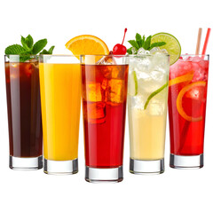 Five vibrant mixed drinks with garnish, tall glasses against black