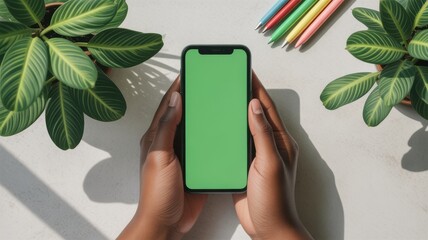 Person holding smartphone with green screen surrounded by plants and colored pencils