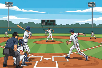 A vibrant illustration of a baseball game in action, featuring a pitcher, batter, catcher, and umpire on the field under a blue sky.