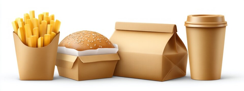 Bright and stylish eco paper packages showcase delicious takeout food options like burgers, crispy fries, and drinks, perfect for quick meals on the go. Ideal for conscious consumers and businesses