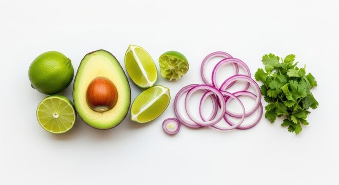 Fresh avocado, lime wedges, red onion slices, and cilantro on white background