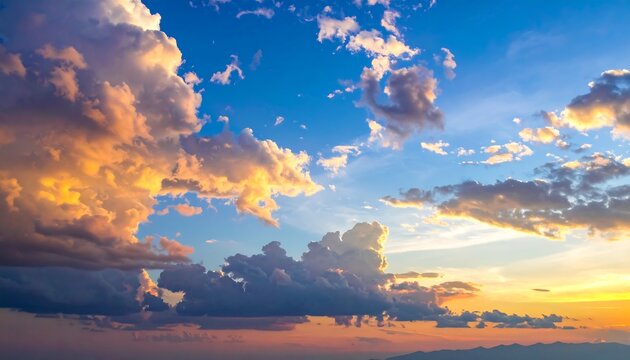 Beautiful sunset with fluffy clouds and a bright blue sky
