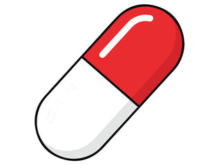 Large vector illustration of a red and white pharmaceutical capsule. Represents medicine, painkiller, antibiotics, or pharmacy.