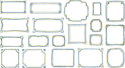 Hand‑drawn decorative rectangular and square frames, blue and yellow ornamental borders, artistic geometric motifs, scrapbook accents, creative invitation templates
