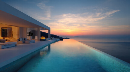 Fototapeta premium Modern architecture villa with infinity pool, sunset view, serene atmosphere, luxurious design, coastal landscape