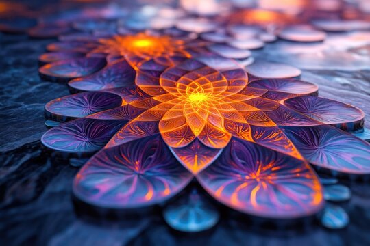 Vibrant fractal lotus flowers glow with mystical energy on a reflective surface, showcasing intricate orange and purple patterns.