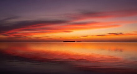 Dramatic sunset over calm ocean reflecting vibrant red and orange clouds