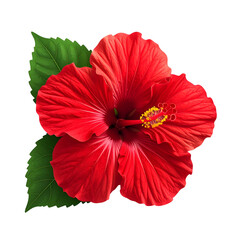 Vivid red flower with prominent stamens, surrounded by lush green leaves on black background