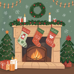 Cartoon vector illustration of a Christmas greeting card design featuring a festive tree with gifts, snow, and winter holiday decorations