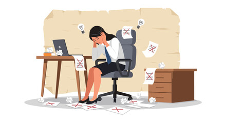 Overwhelmed and exhausted, a young Asian businesswoman grapples with stress and burnout in her office, surrounded by discarded ideas and mounting pressure.
