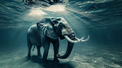 Surreal underwater scene features a majestic elephant with sunlight streaming through the surface