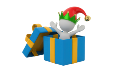 Festive surprise with a cheerful elf popping out of a bright, beautifully wrapped gift box, perfect for Christmas celebrations and holiday promotions