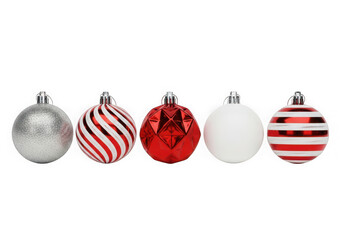 Assortment of five christmas ornaments isolated on transparent background