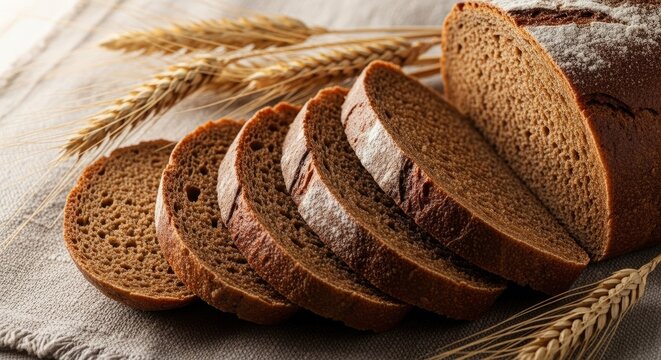 Freshly sliced rye bread on rustic linen with wheat ears for bakery and culinary design - Powered by Adobe