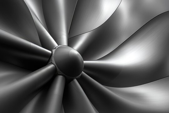 Abstract close-up of a sleek, brushed metallic turbine or jet engine fan, featuring dynamically curved blades and a central hub.