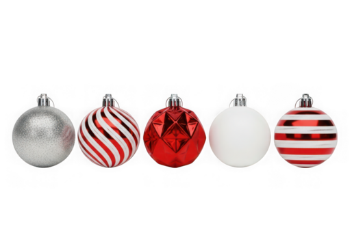 Assortment of five christmas ornaments isolated on transparent background