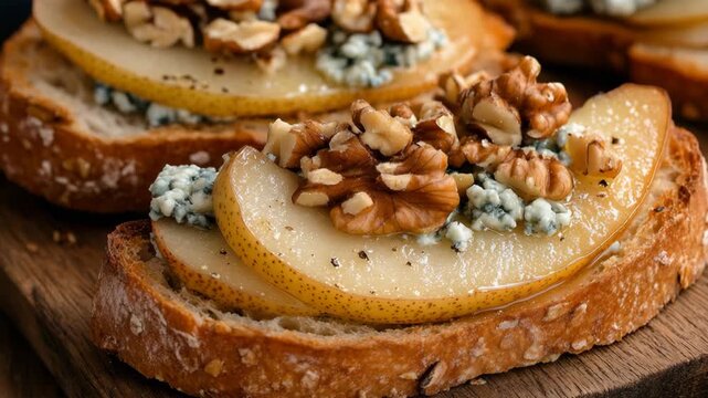 selective focus rustic bruschetta with gorgonzola pear and walnuts