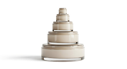 Stack of five beige cosmetic cream jars of decreasing size on white background skincare beauty