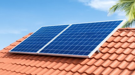Fototapeta premium Solar water heating system on a vibrant red roof under a clear blue sky showcasing sustainable energy solutions