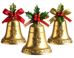 Three golden bells with bows, holly, and berries, ready for festive celebrations