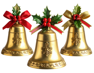 Three golden bells with bows, holly, and berries, ready for festive celebrations