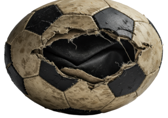 Old, well-worn soccer ball, black and off-white, ripped open revealing a deflated bladder & frayed stitching, intensely detailed macro close-up on transparent, concept of resilience and decay