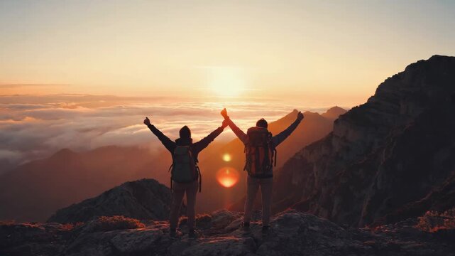 Group of people on peak mountain. travel trekking success business concept