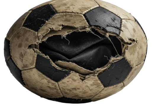 Old, well-worn soccer ball, black and off-white, ripped open revealing a deflated bladder & frayed stitching, intensely detailed macro close-up on transparent, concept of resilience and decay