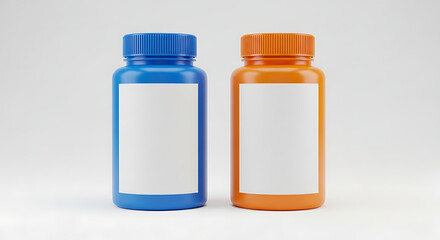 Two blank medicine bottles one blue and one orange with white labels on a white background pill bottle