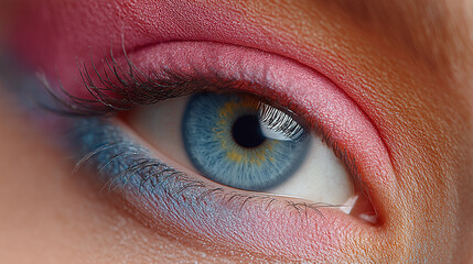 Obraz premium Close-up of blue eye with pink and blue eyeshadow