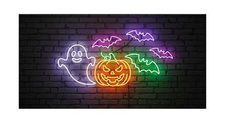 Halloween neon decorations with a ghost, pumpkin, and colorful bats on a brick wall.