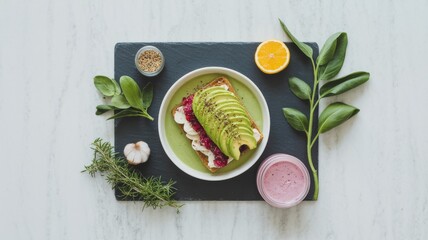 Clean Minimalist Food Flat Lay. neutral background. Ingredients are neatly arranged. Concept of healthy eating, breakfast, and food blogging