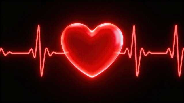 Red Glowing Heart with EKG Heartbeat Line on Black Background