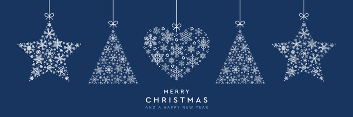 christmas greeting card with hanging snowflake fir tree heart and star decoration vector illustration