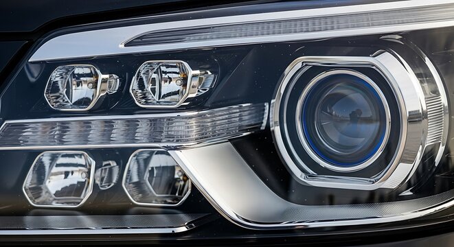 Close-up of a modern cars sleek and intricate headlight design, showcasing advanced automotive lighting technology and reflective chrome accents.