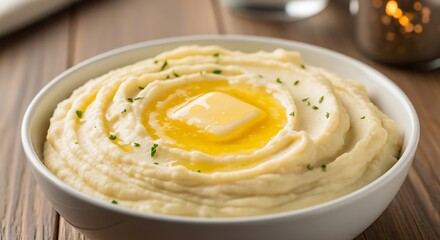 Creamy Mashed Potatoes with Melted Butter and Herbs in a White Bowl.