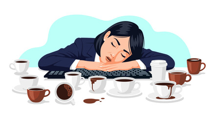 A tired Asian businesswoman is overwhelmed by work, experiencing burnout and stress while surrounded by numerous cups of coffee in the office.