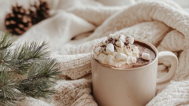 Hot chocolate with whipped cream and marshmallows on soft knitted blanket, cozy winter drink with pine decor and warm neutral tones