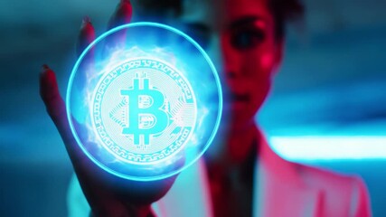 A captivating visual of a woman holding a glowing cryptocurrency symbol, representing the digital future of finance, technology, and innovation in the modern world.