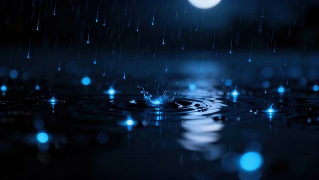 Raindrops on Water Surface with Blue Light and Splashes at Night