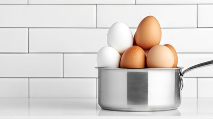 Creative arrangement of boiled eggs being removed from a pot in a stylish black and white kitchen setting