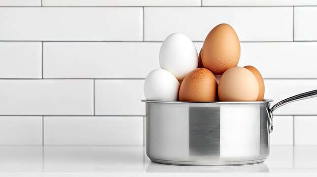 Creative arrangement of boiled eggs being removed from a pot in a stylish black and white kitchen setting