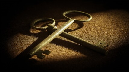 Two vintage brass keys lying crossed on a textured surface under dramatic lighting