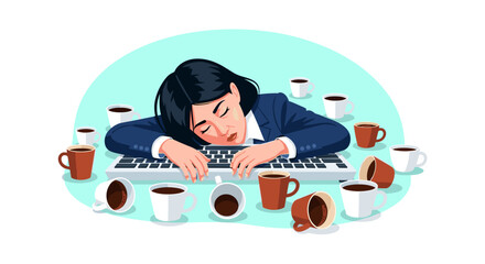 An exhausted Asian businesswoman succumbs to burnout, overwhelmed by work stress and caffeine overload, resting her head on her keyboard amidst empty coffee cups.