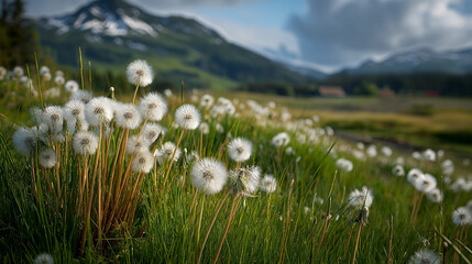 Obraz premium Field of dandelions with mountains in the background
